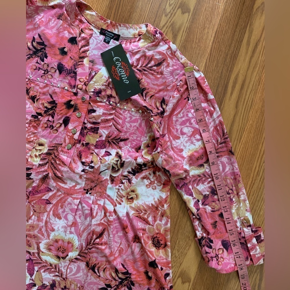COCOMO 1X Pink Floral Plus Size 3/4 sleeve women’s Pintuck Blouse top sh… - Picture 9 of 12